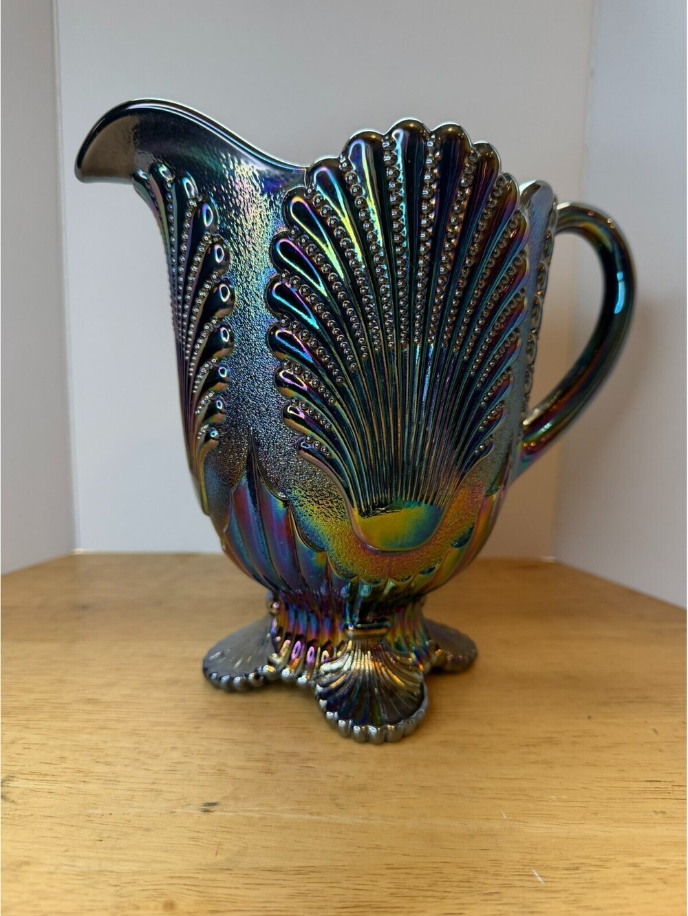 Vintage Mosser Glass Beaded Shell Amethyst Carnival Glass Pitcher Iridescent M